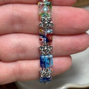 Millefiori Beaded Bracelet with 925 Silver Plated Flower Accents